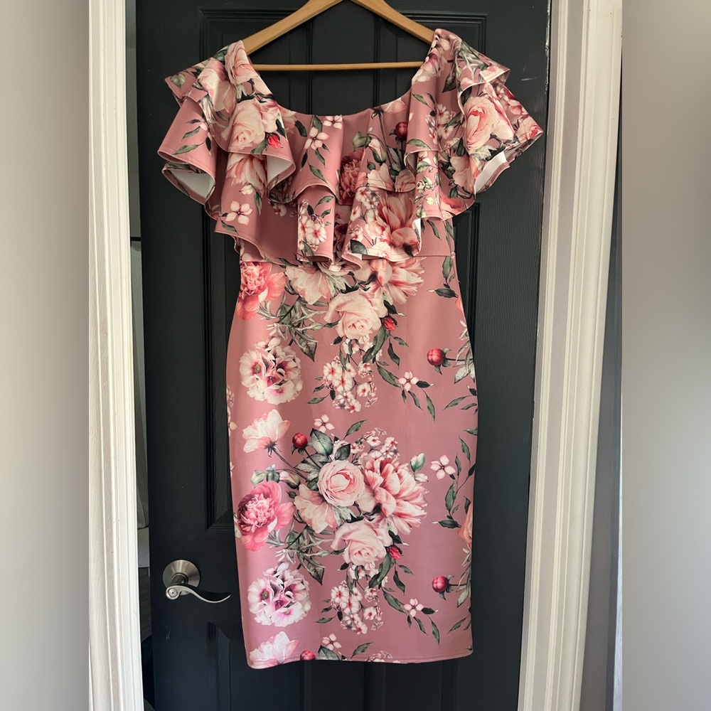 Boohoo Pink Floral Ruffle Midi Dress